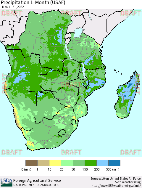Southern Africa Precipitation 1-Month (USAF) Thematic Map For 3/1/2022 - 3/31/2022