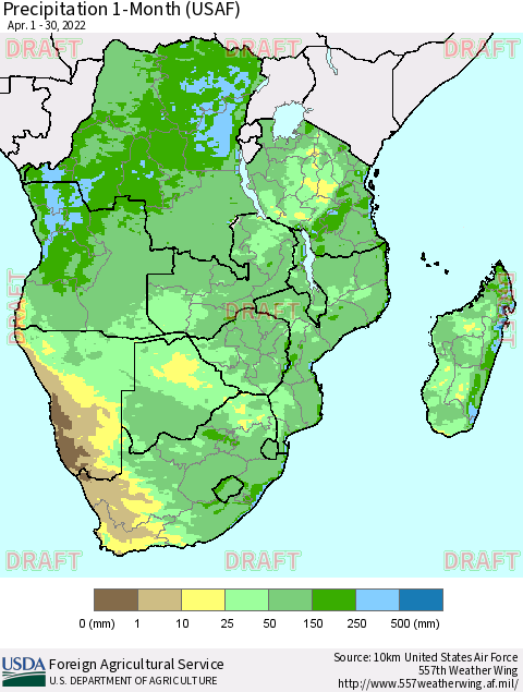 Southern Africa Precipitation 1-Month (USAF) Thematic Map For 4/1/2022 - 4/30/2022
