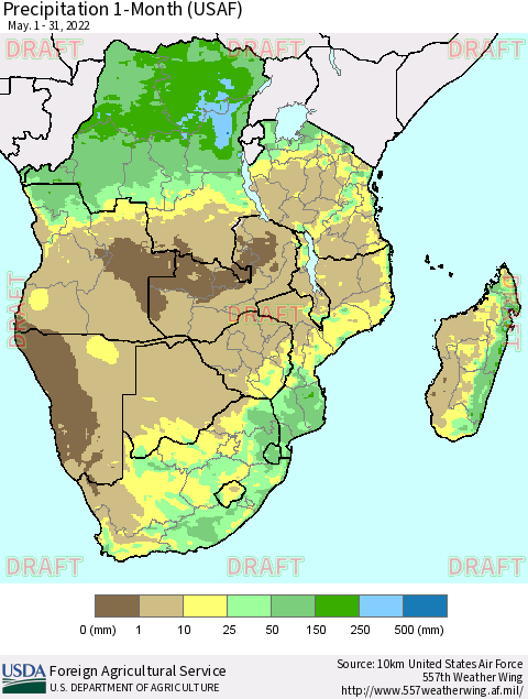 Southern Africa Precipitation 1-Month (USAF) Thematic Map For 5/1/2022 - 5/31/2022