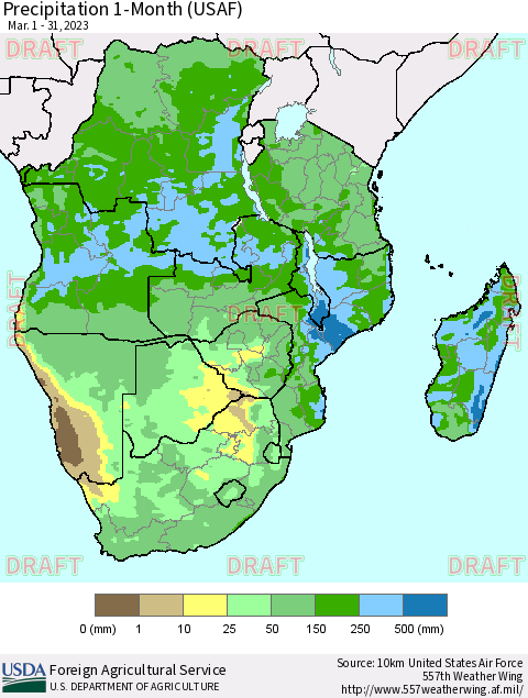 Southern Africa Precipitation 1-Month (USAF) Thematic Map For 3/1/2023 - 3/31/2023