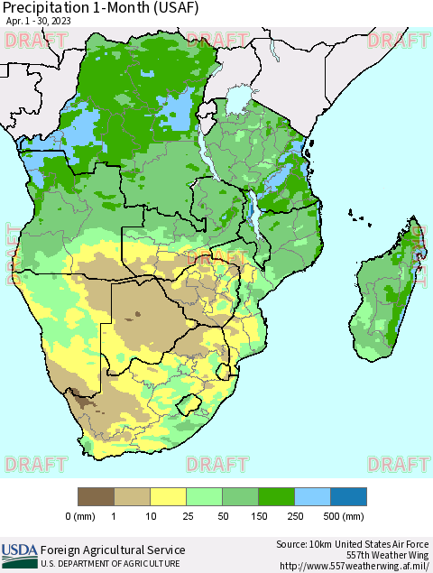 Southern Africa Precipitation 1-Month (USAF) Thematic Map For 4/1/2023 - 4/30/2023