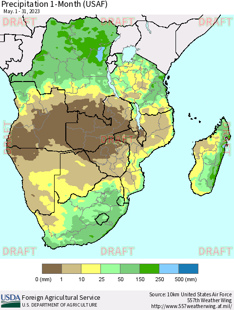 Southern Africa Precipitation 1-Month (USAF) Thematic Map For 5/1/2023 - 5/31/2023