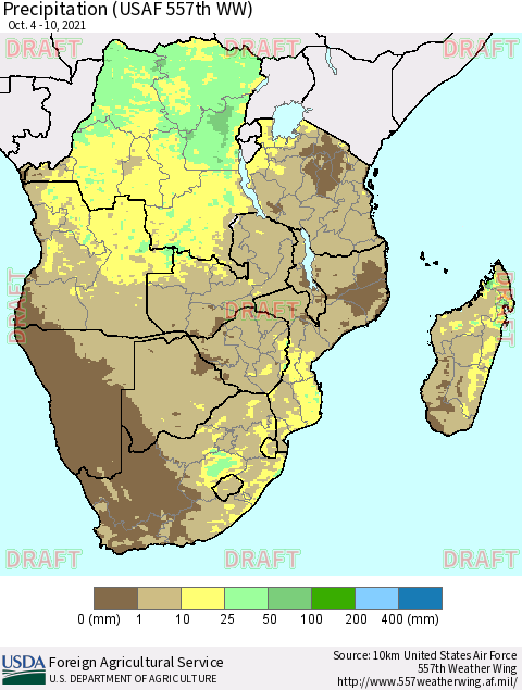 Southern Africa Precipitation (USAF 557th WW) Thematic Map For 10/4/2021 - 10/10/2021