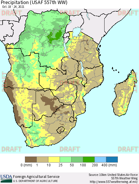 Southern Africa Precipitation (USAF 557th WW) Thematic Map For 10/18/2021 - 10/24/2021