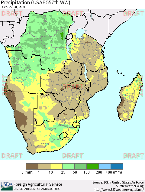Southern Africa Precipitation (USAF 557th WW) Thematic Map For 10/25/2021 - 10/31/2021