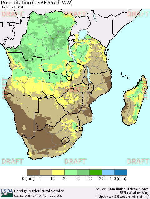 Southern Africa Precipitation (USAF 557th WW) Thematic Map For 11/1/2021 - 11/7/2021