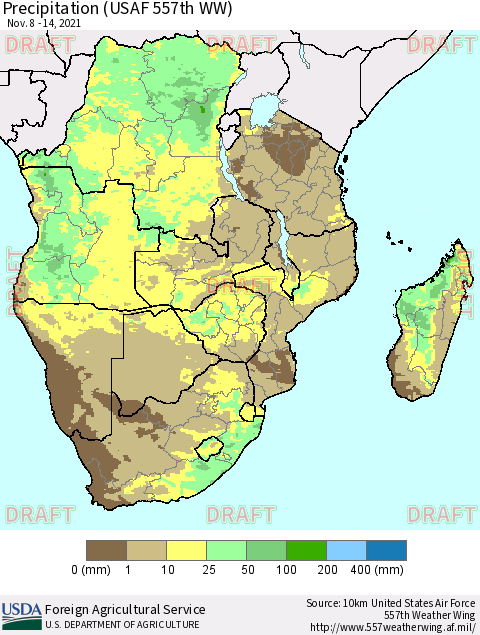 Southern Africa Precipitation (USAF 557th WW) Thematic Map For 11/8/2021 - 11/14/2021