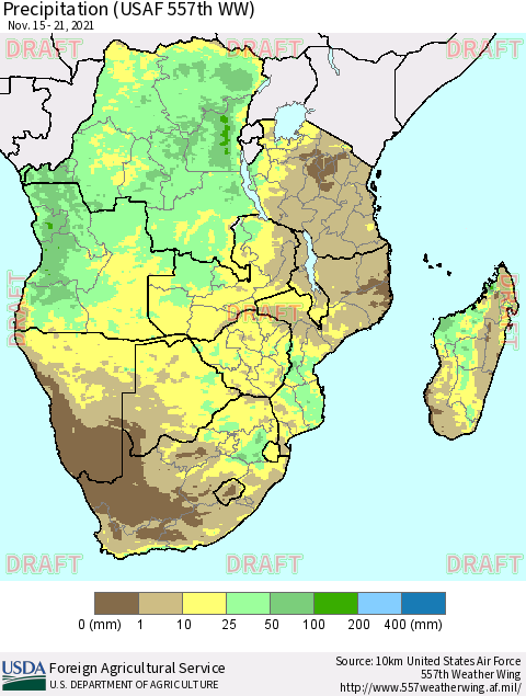 Southern Africa Precipitation (USAF 557th WW) Thematic Map For 11/15/2021 - 11/21/2021