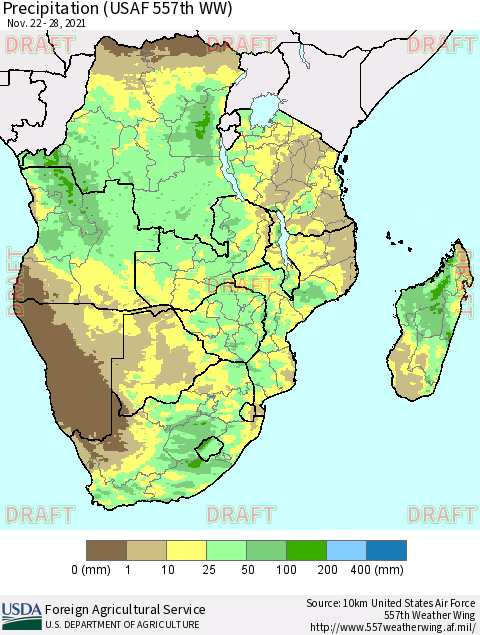 Southern Africa Precipitation (USAF 557th WW) Thematic Map For 11/22/2021 - 11/28/2021
