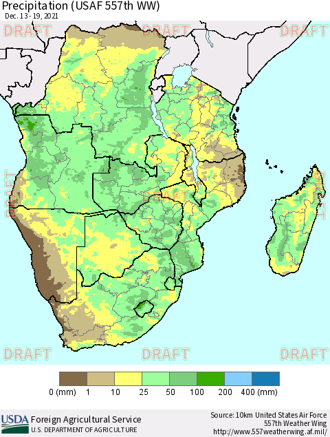Southern Africa Precipitation (USAF 557th WW) Thematic Map For 12/13/2021 - 12/19/2021