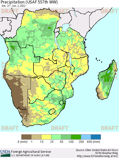 Southern Africa Precipitation (USAF 557th WW) Thematic Map For 12/27/2021 - 1/2/2022