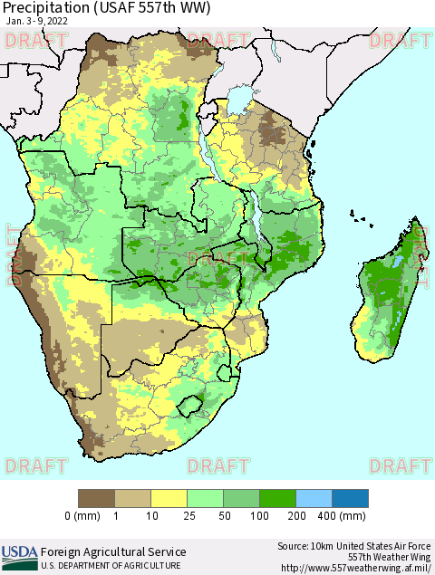 Southern Africa Precipitation (USAF 557th WW) Thematic Map For 1/3/2022 - 1/9/2022