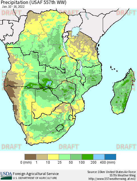 Southern Africa Precipitation (USAF 557th WW) Thematic Map For 1/10/2022 - 1/16/2022