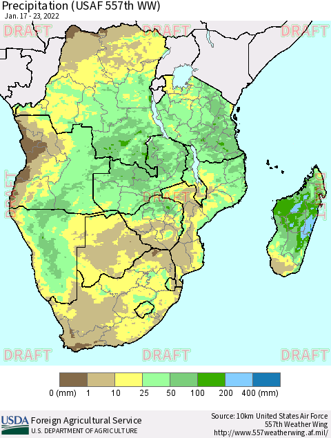 Southern Africa Precipitation (USAF 557th WW) Thematic Map For 1/17/2022 - 1/23/2022