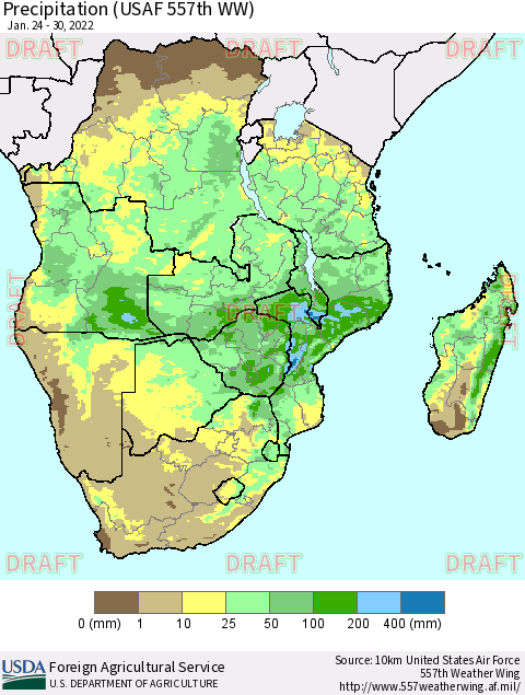 Southern Africa Precipitation (USAF 557th WW) Thematic Map For 1/24/2022 - 1/30/2022