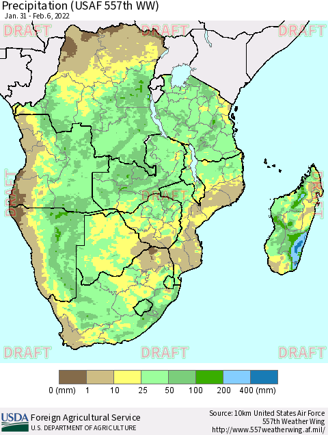 Southern Africa Precipitation (USAF 557th WW) Thematic Map For 1/31/2022 - 2/6/2022