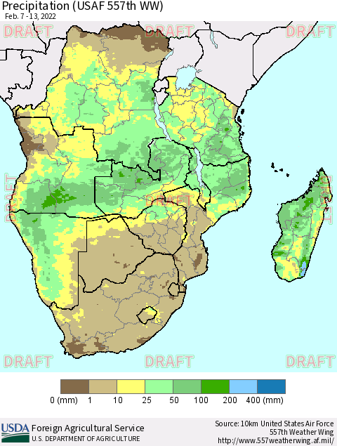 Southern Africa Precipitation (USAF 557th WW) Thematic Map For 2/7/2022 - 2/13/2022