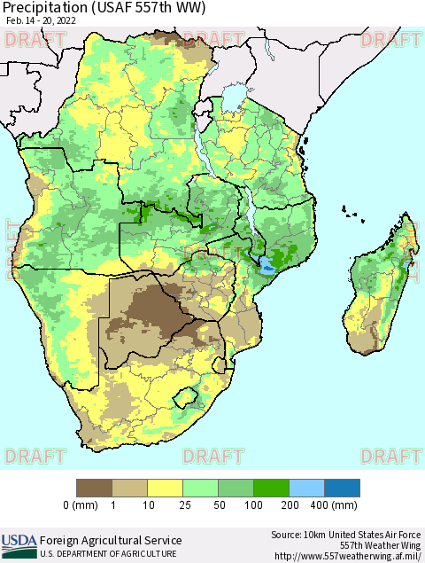 Southern Africa Precipitation (USAF 557th WW) Thematic Map For 2/14/2022 - 2/20/2022