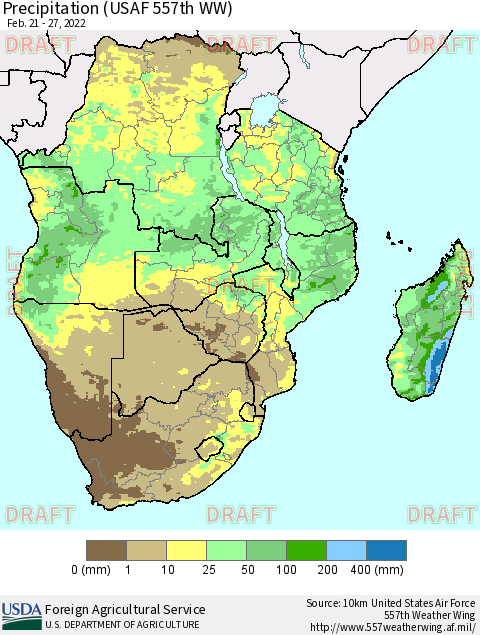 Southern Africa Precipitation (USAF 557th WW) Thematic Map For 2/21/2022 - 2/27/2022