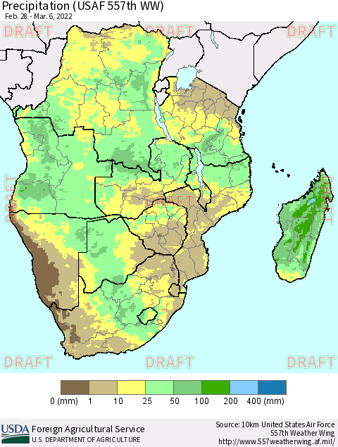 Southern Africa Precipitation (USAF 557th WW) Thematic Map For 2/28/2022 - 3/6/2022