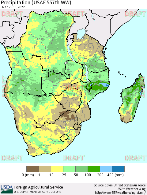 Southern Africa Precipitation (USAF 557th WW) Thematic Map For 3/7/2022 - 3/13/2022