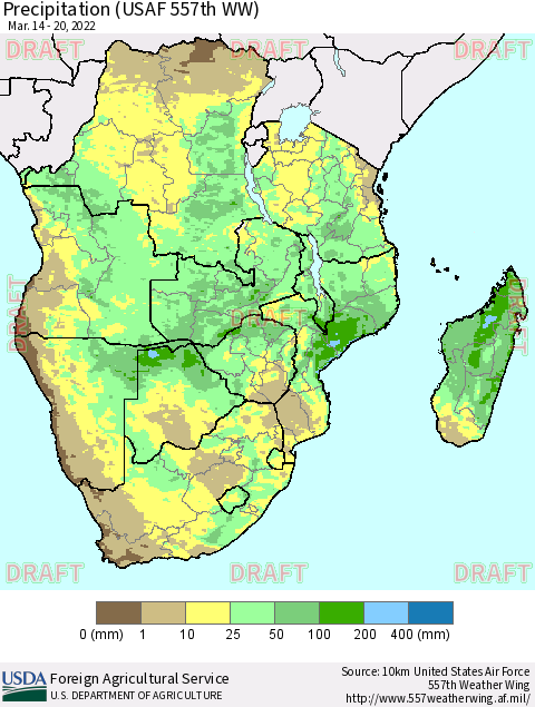 Southern Africa Precipitation (USAF 557th WW) Thematic Map For 3/14/2022 - 3/20/2022