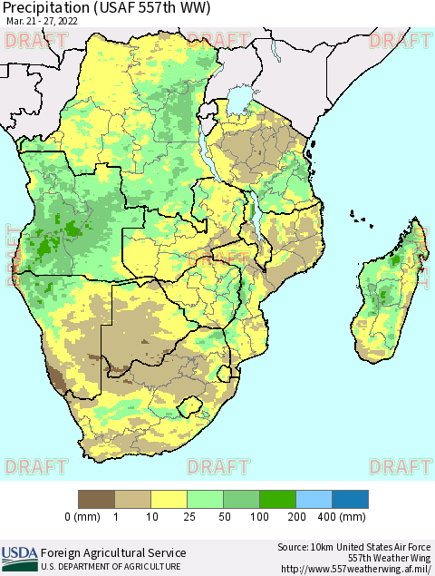 Southern Africa Precipitation (USAF 557th WW) Thematic Map For 3/21/2022 - 3/27/2022