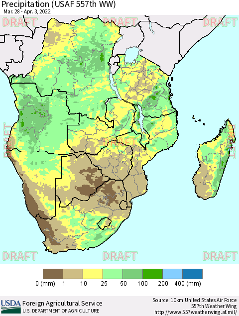 Southern Africa Precipitation (USAF 557th WW) Thematic Map For 3/28/2022 - 4/3/2022