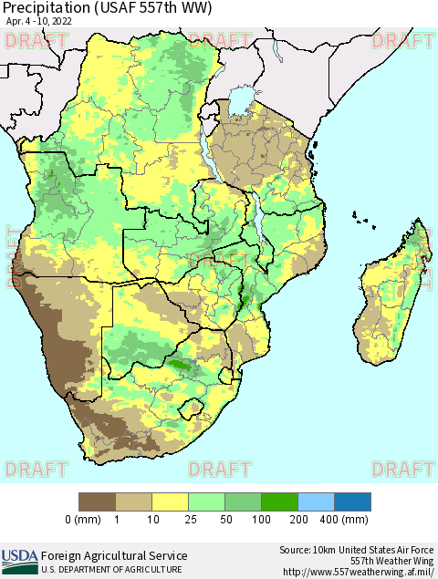 Southern Africa Precipitation (USAF 557th WW) Thematic Map For 4/4/2022 - 4/10/2022