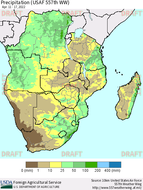 Southern Africa Precipitation (USAF 557th WW) Thematic Map For 4/11/2022 - 4/17/2022