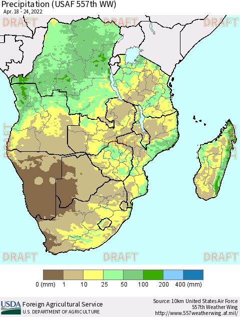 Southern Africa Precipitation (USAF 557th WW) Thematic Map For 4/18/2022 - 4/24/2022
