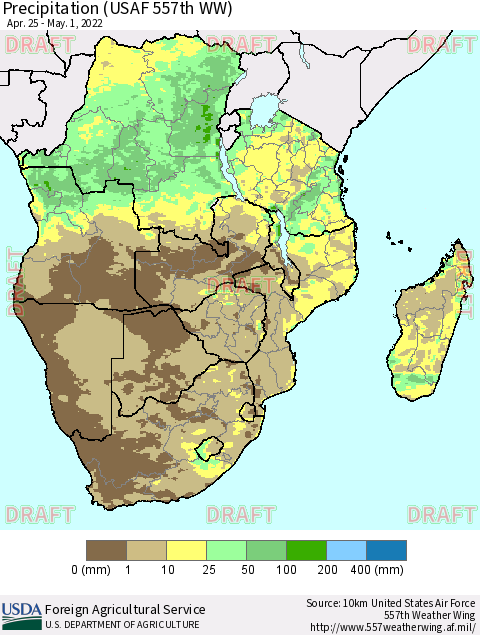 Southern Africa Precipitation (USAF 557th WW) Thematic Map For 4/25/2022 - 5/1/2022