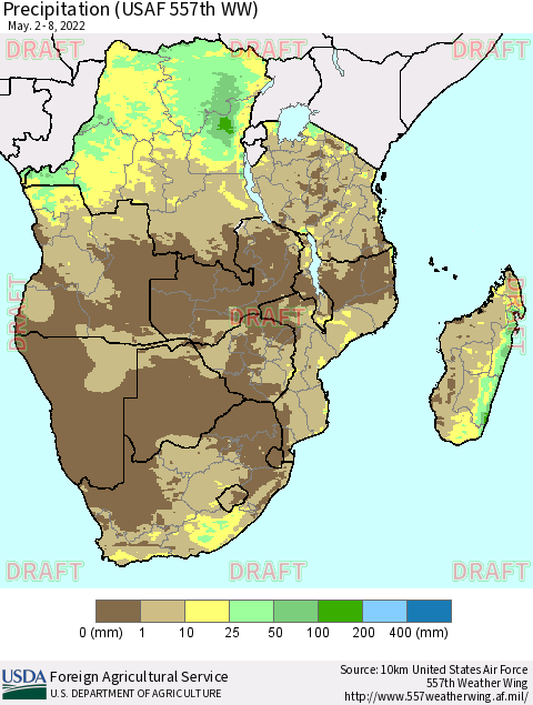 Southern Africa Precipitation (USAF 557th WW) Thematic Map For 5/2/2022 - 5/8/2022
