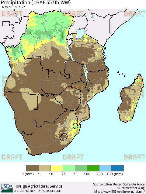 Southern Africa Precipitation (USAF 557th WW) Thematic Map For 5/9/2022 - 5/15/2022