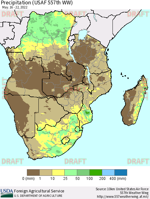 Southern Africa Precipitation (USAF 557th WW) Thematic Map For 5/16/2022 - 5/22/2022