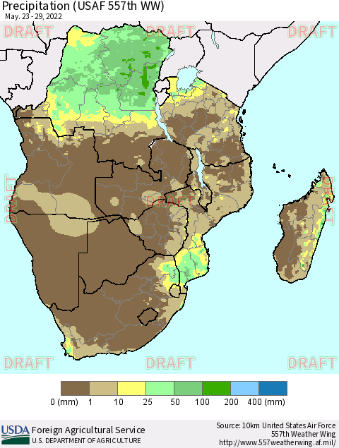 Southern Africa Precipitation (USAF 557th WW) Thematic Map For 5/23/2022 - 5/29/2022