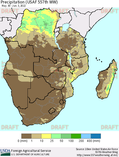 Southern Africa Precipitation (USAF 557th WW) Thematic Map For 5/30/2022 - 6/5/2022