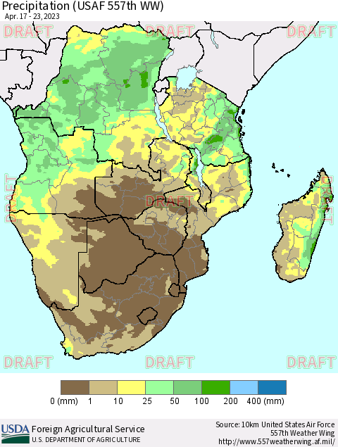 Southern Africa Precipitation (USAF 557th WW) Thematic Map For 4/17/2023 - 4/23/2023