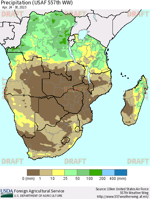 Southern Africa Precipitation (USAF 557th WW) Thematic Map For 4/24/2023 - 4/30/2023