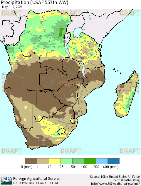 Southern Africa Precipitation (USAF 557th WW) Thematic Map For 5/1/2023 - 5/7/2023
