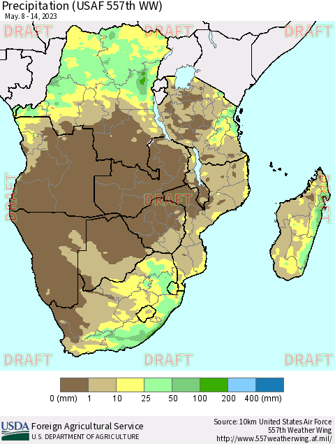 Southern Africa Precipitation (USAF 557th WW) Thematic Map For 5/8/2023 - 5/14/2023