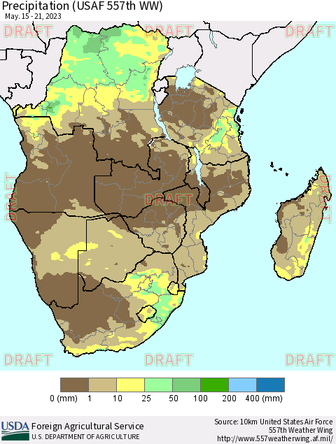 Southern Africa Precipitation (USAF 557th WW) Thematic Map For 5/15/2023 - 5/21/2023