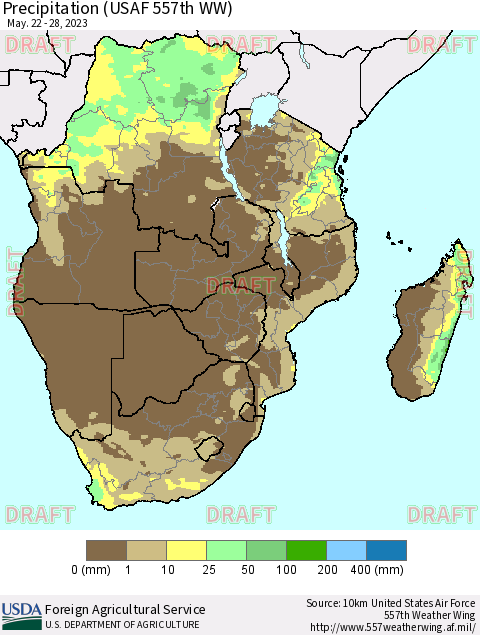 Southern Africa Precipitation (USAF 557th WW) Thematic Map For 5/22/2023 - 5/28/2023