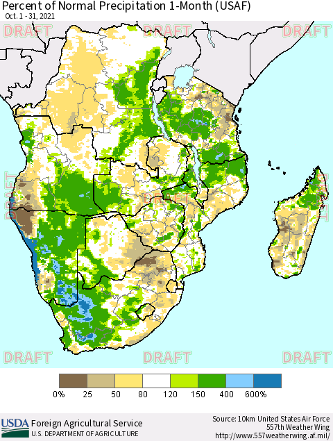 Southern Africa Percent of Normal Precipitation 1-Month (USAF) Thematic Map For 10/1/2021 - 10/31/2021