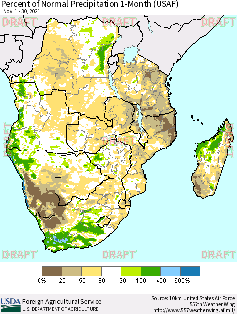 Southern Africa Percent of Normal Precipitation 1-Month (USAF) Thematic Map For 11/1/2021 - 11/30/2021