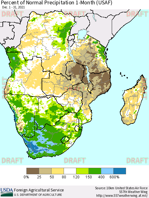 Southern Africa Percent of Normal Precipitation 1-Month (USAF) Thematic Map For 12/1/2021 - 12/31/2021
