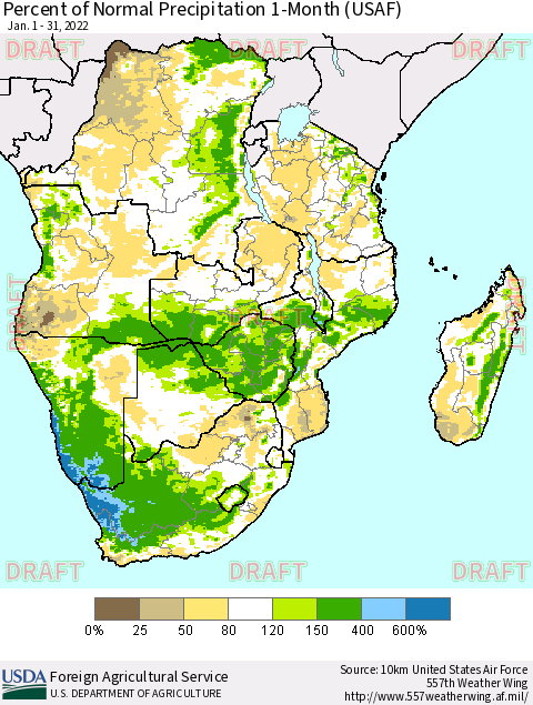 Southern Africa Percent of Normal Precipitation 1-Month (USAF) Thematic Map For 1/1/2022 - 1/31/2022