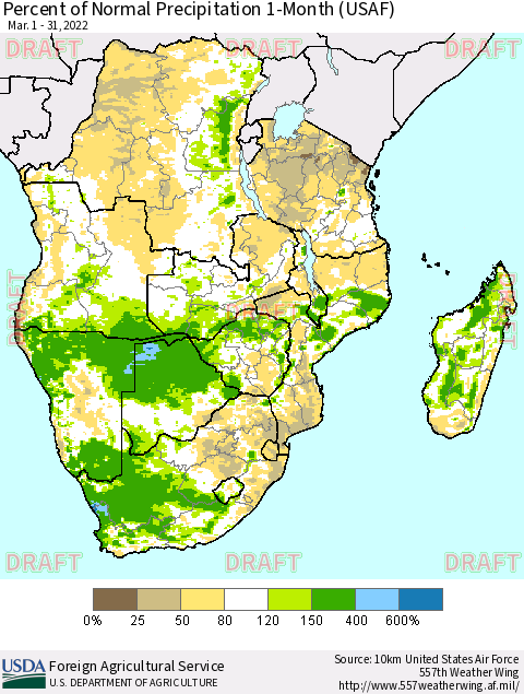 Southern Africa Percent of Normal Precipitation 1-Month (USAF) Thematic Map For 3/1/2022 - 3/31/2022