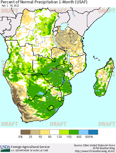Southern Africa Percent of Normal Precipitation 1-Month (USAF) Thematic Map For 4/1/2022 - 4/30/2022