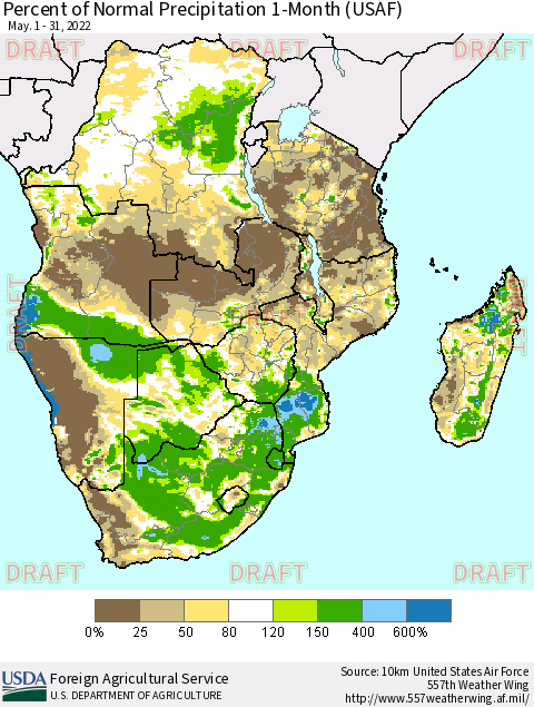Southern Africa Percent of Normal Precipitation 1-Month (USAF) Thematic Map For 5/1/2022 - 5/31/2022